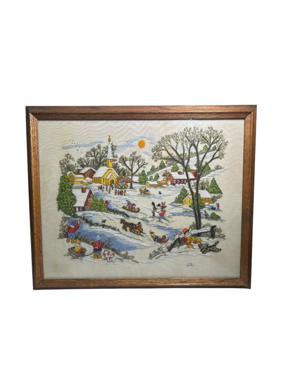Vintage Holiday Christmas Winter Village Scene Embroidery Framed 23x19 Granny Co